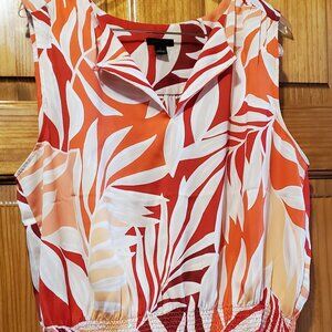 Tropical Split Neck Smocked Waist Top Size L and Faux Wrap Skirt Size 12